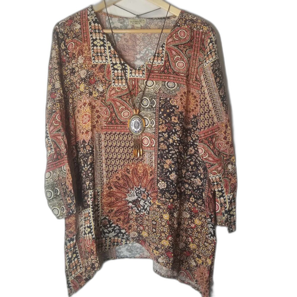 One World Live Let Live Tunic Top Medium Paisley 3/4 Sleeve Pullover